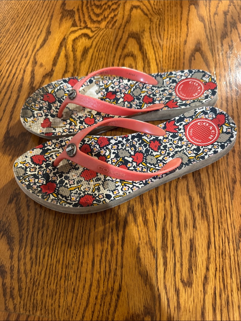 Coach Coral Pink Strap Floral Print Flip Flops